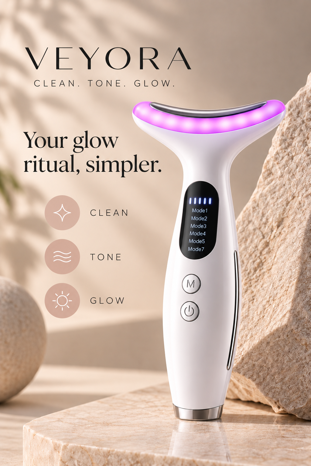 Veyora Facial Device in a warm beauty campaign setting